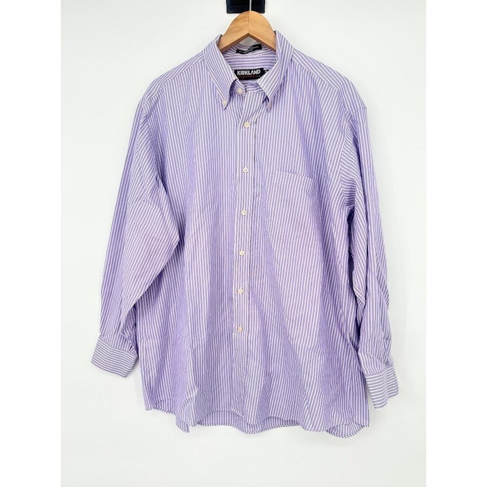 Kirkland Signature Mens 17.5-33‎ Button Down Shirt Purple Stripe Non Iron Career